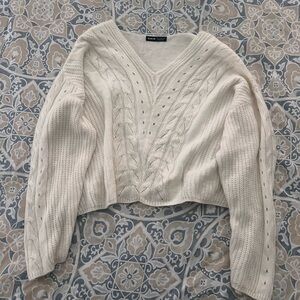 SHEIN Ivory V-Neck Cable Knit Sweater